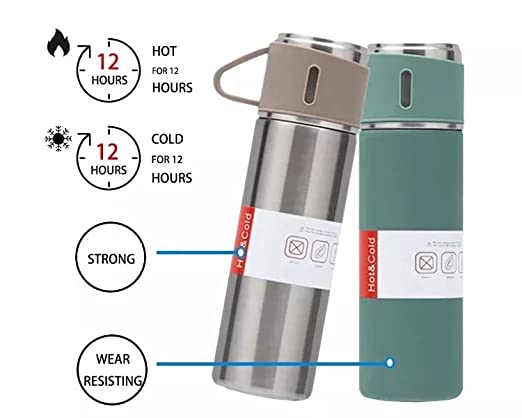 3- IN -1  VACCUM INSULATED THERMAL FLASK SET WITH MATCHING CUP SET - MONAFY